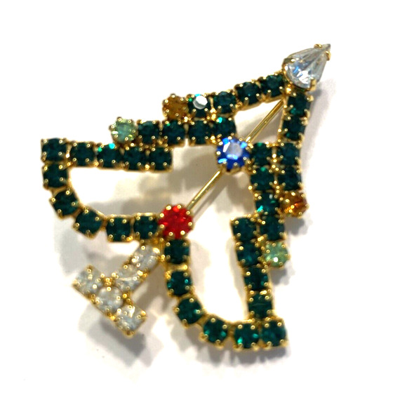 Rhinestones Christmas Tree Brooch Gold & Multicolor Mid Century Festive Pin - Picture 2 of 8